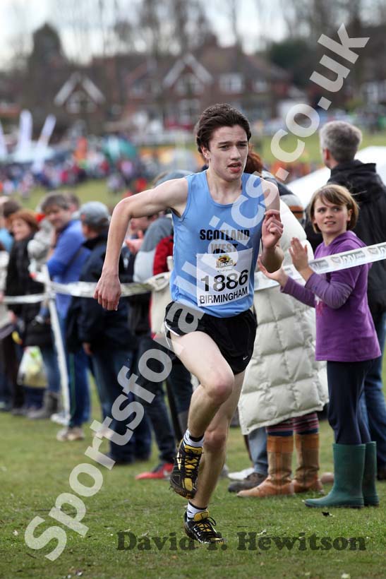 Euan Gilham (Scotland West) leads in the Under-15 Boys, McCain Inter Counties Cross Country, Cofton Park, Birmingham.